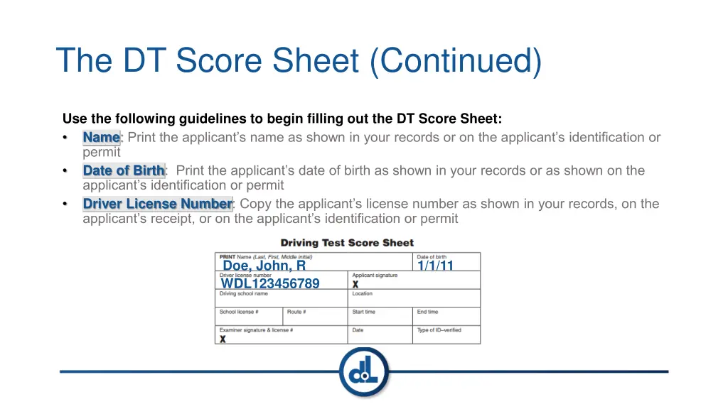 the dt score sheet continued