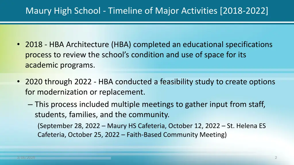 maury high school timeline of major activities