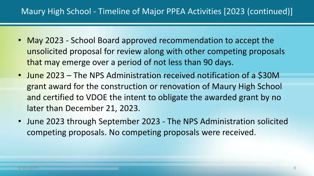 maury high school timeline of major ppea 1