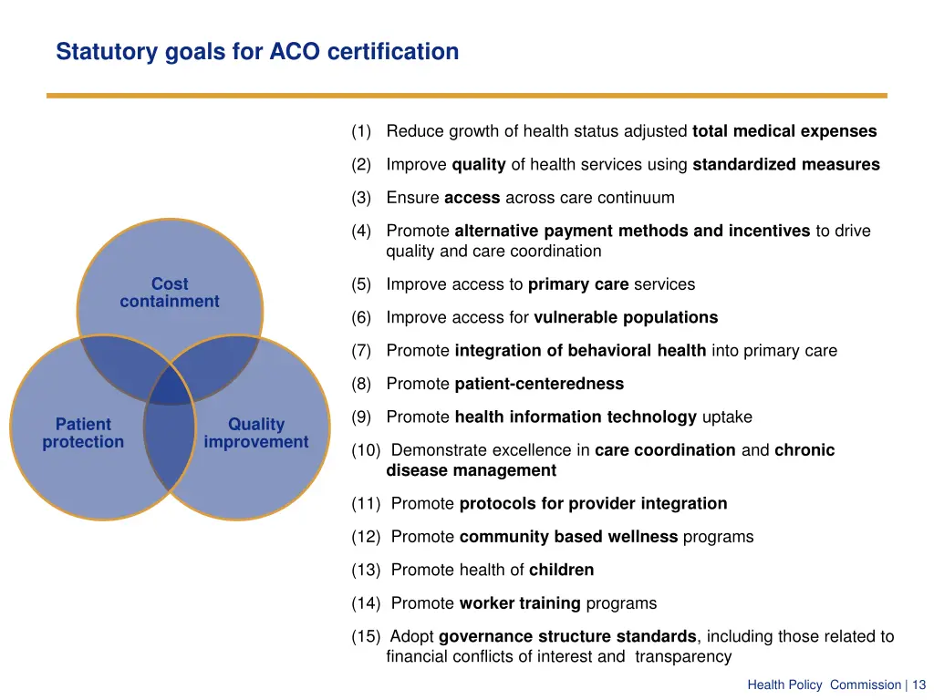 statutory goals for aco certification
