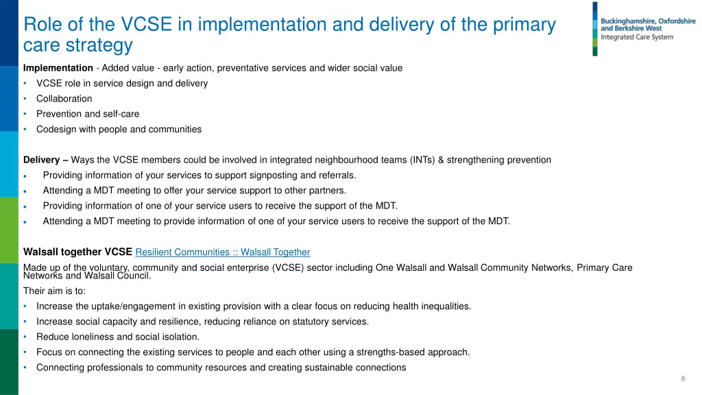 role of the vcse in implementation and delivery