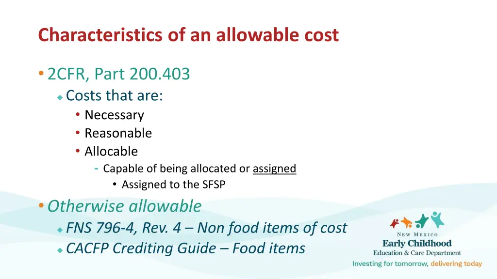 characteristics of an allowable cost
