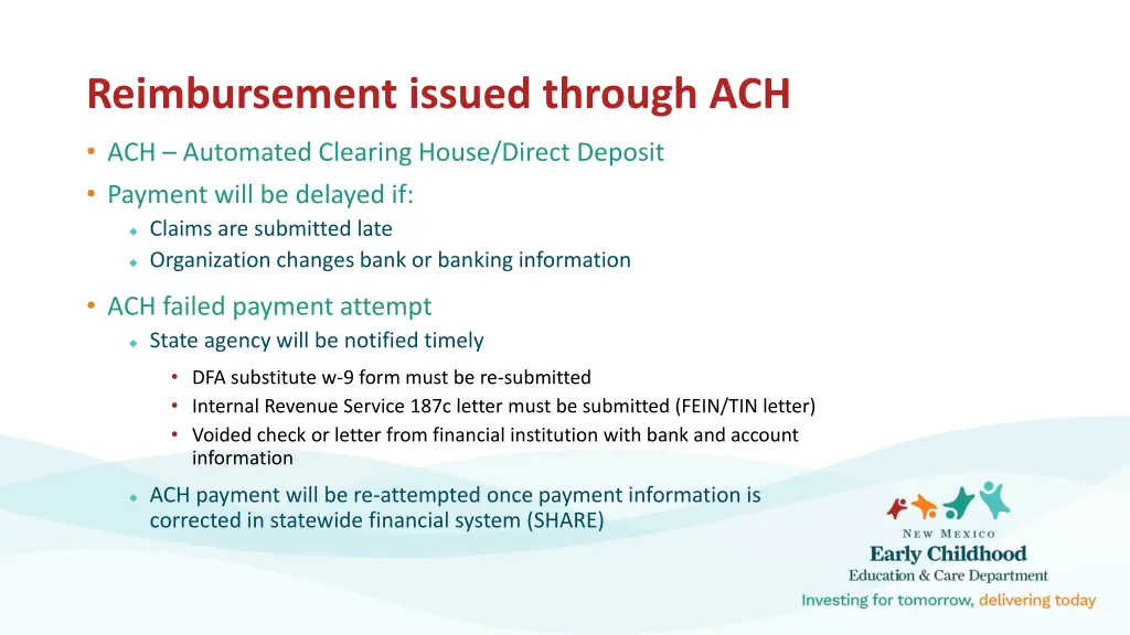 reimbursement issued through ach