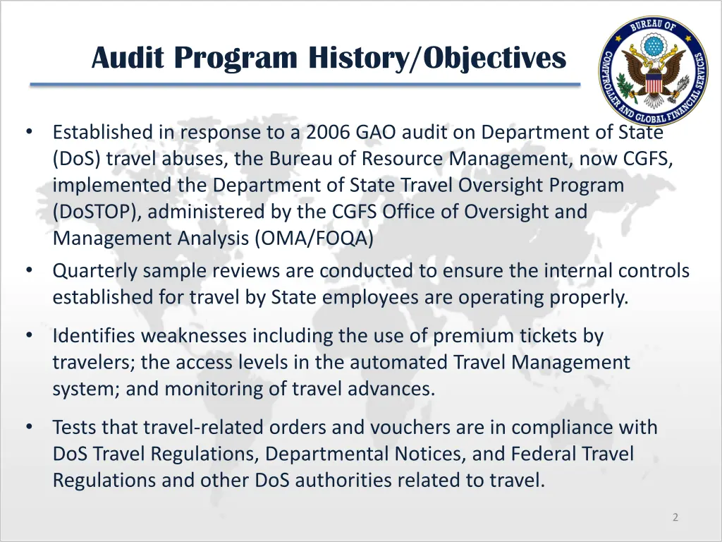 audit program history objectives