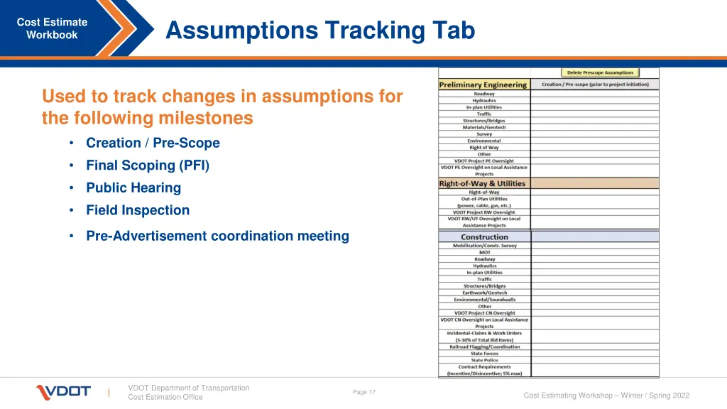 assumptions tracking tab