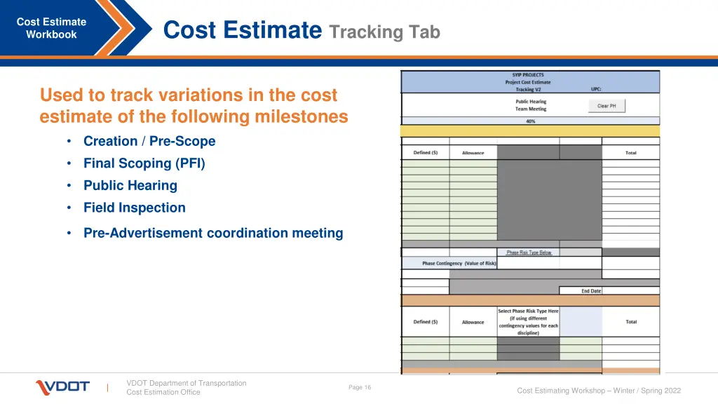 cost estimate tracking tab