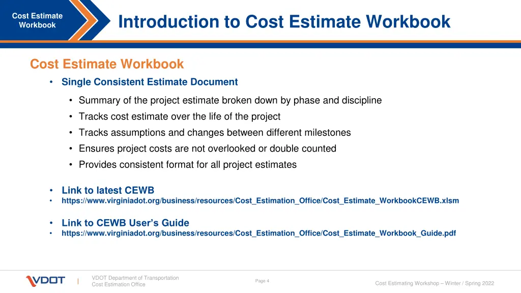 introduction to cost estimate workbook
