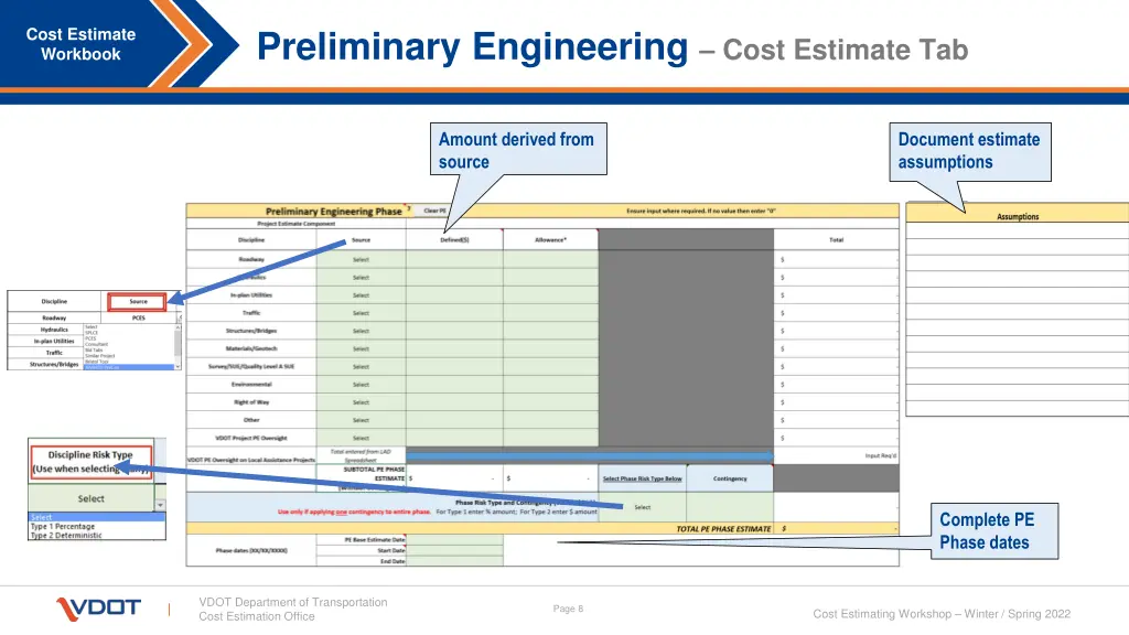 preliminary engineering cost estimate tab