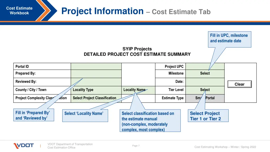 project information cost estimate tab
