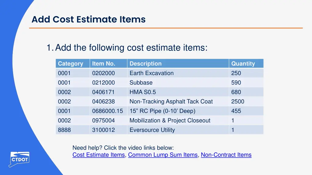 add cost estimate items