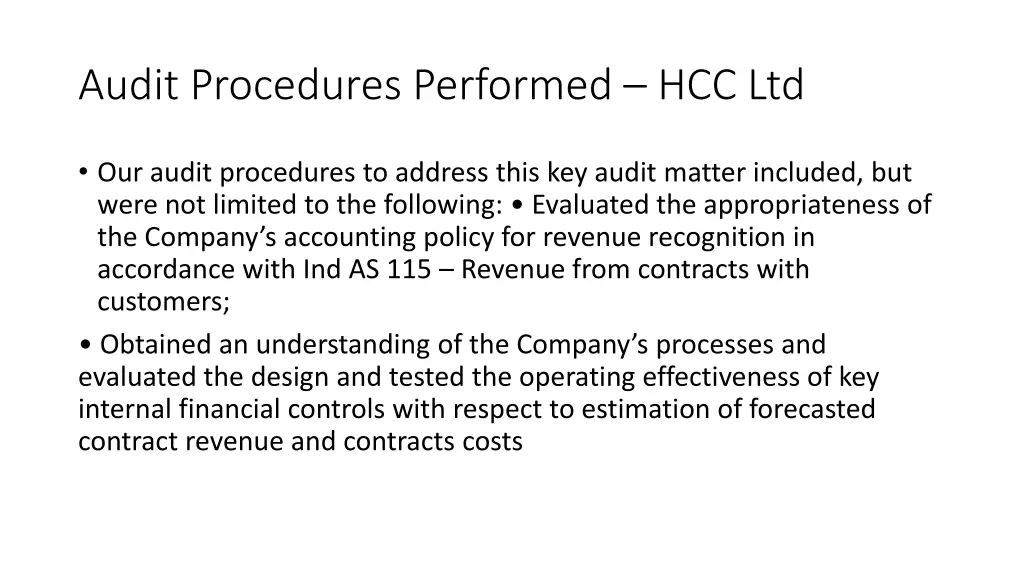 audit procedures performed hcc ltd