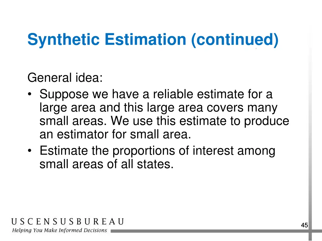 synthetic estimation continued