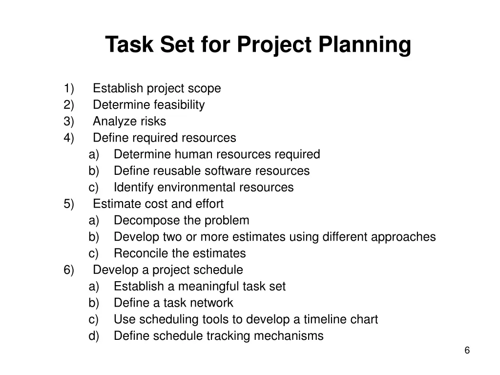 task set for project planning