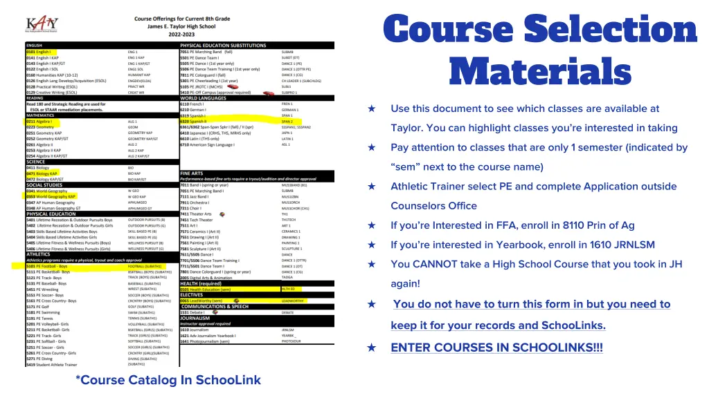 course selection materials