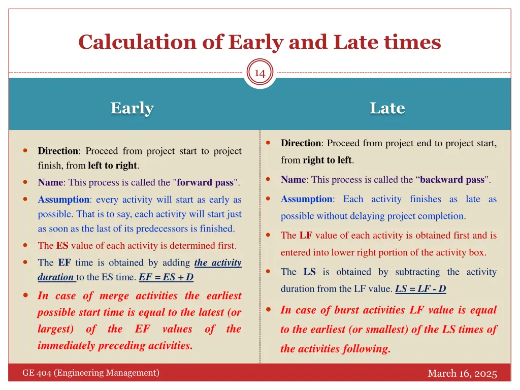 calculation of early and late times