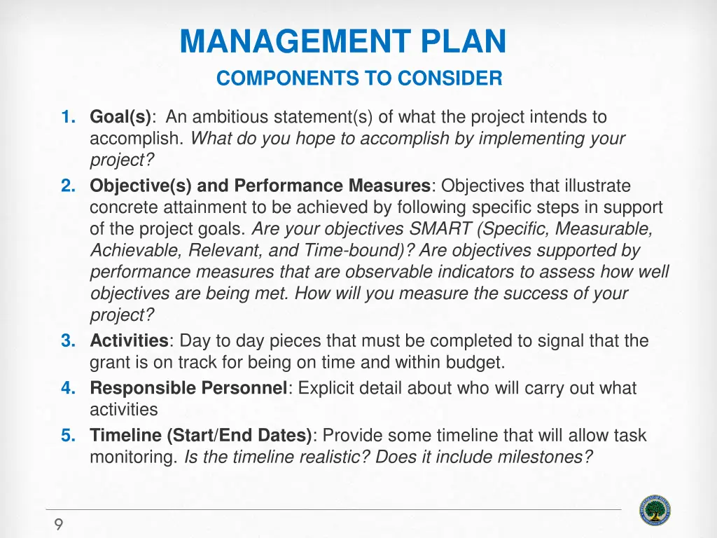 management plan components to consider