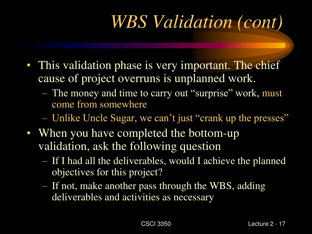wbs validation cont