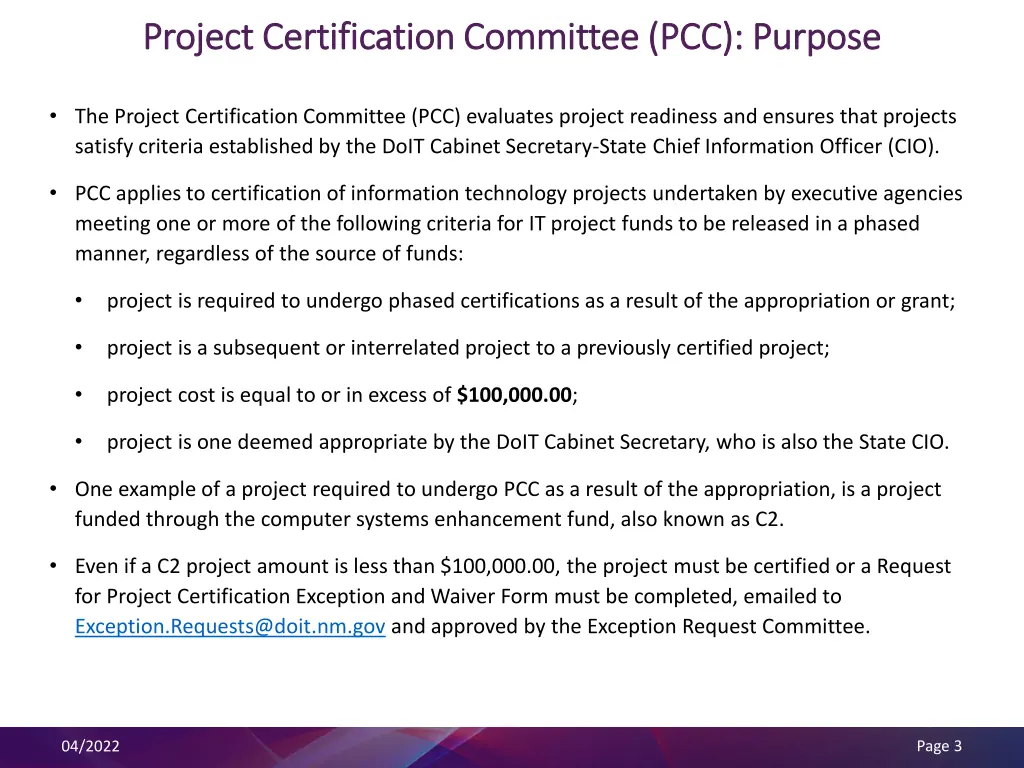 project certification committee pcc purpose