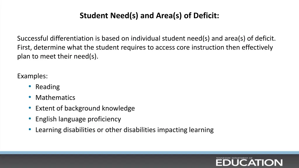 student need s and area s of deficit
