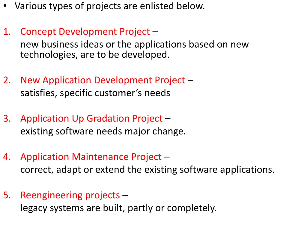 various types of projects are enlisted below