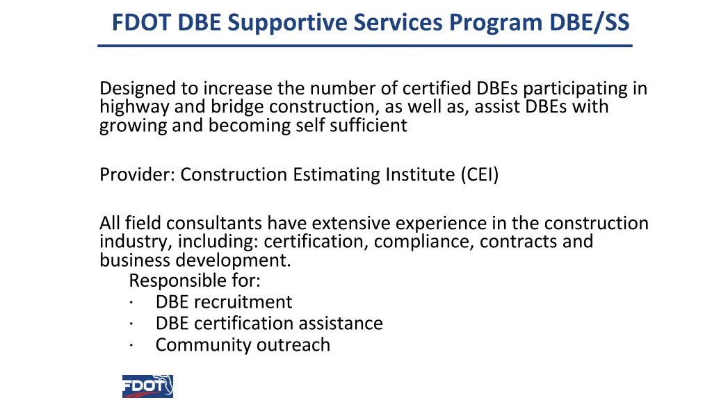fdot dbe supportive services program dbe ss