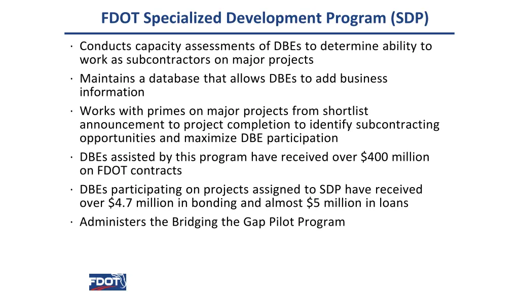 fdot specialized development program sdp 1