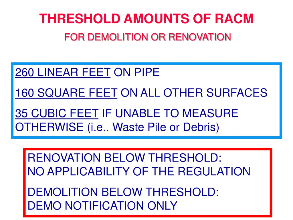 threshold amounts of racm for demolition