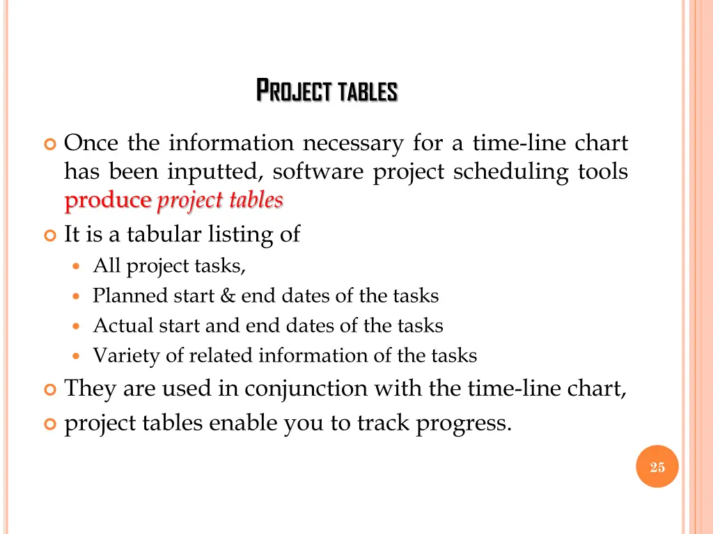 p roject tables