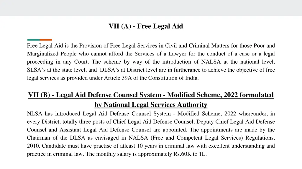 vii a free legal aid