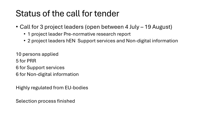 status of the call for tender