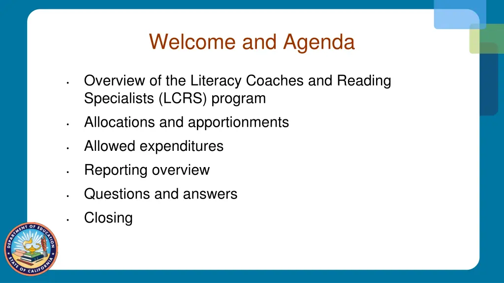 welcome and agenda