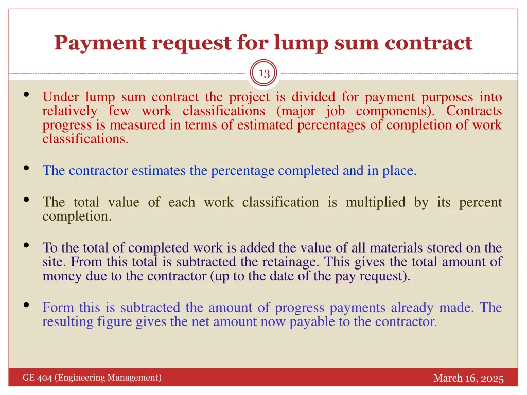 payment request for lump sum contract