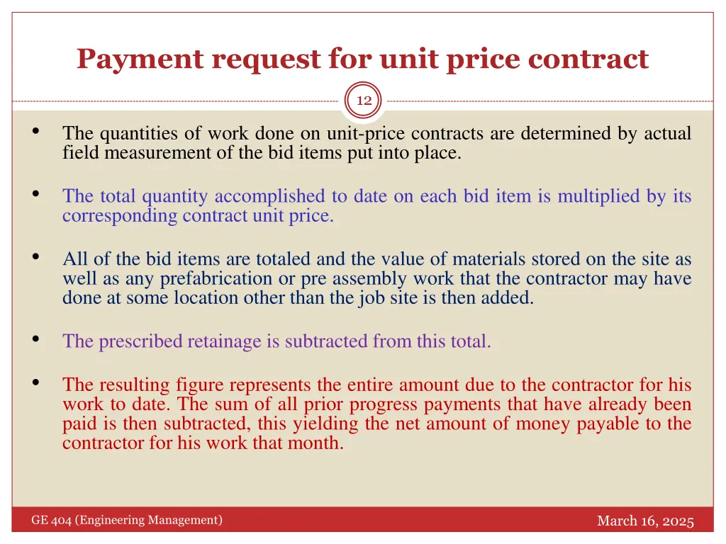 payment request for unit price contract