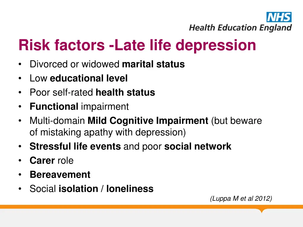risk factors late life depression divorced