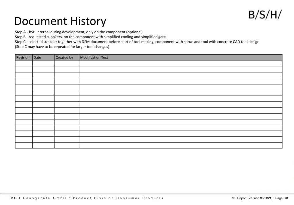 document history step a bsh internal during