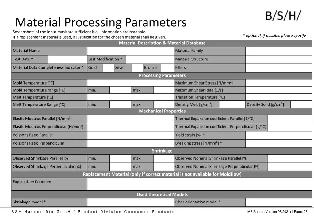 material processing parameters screenshots