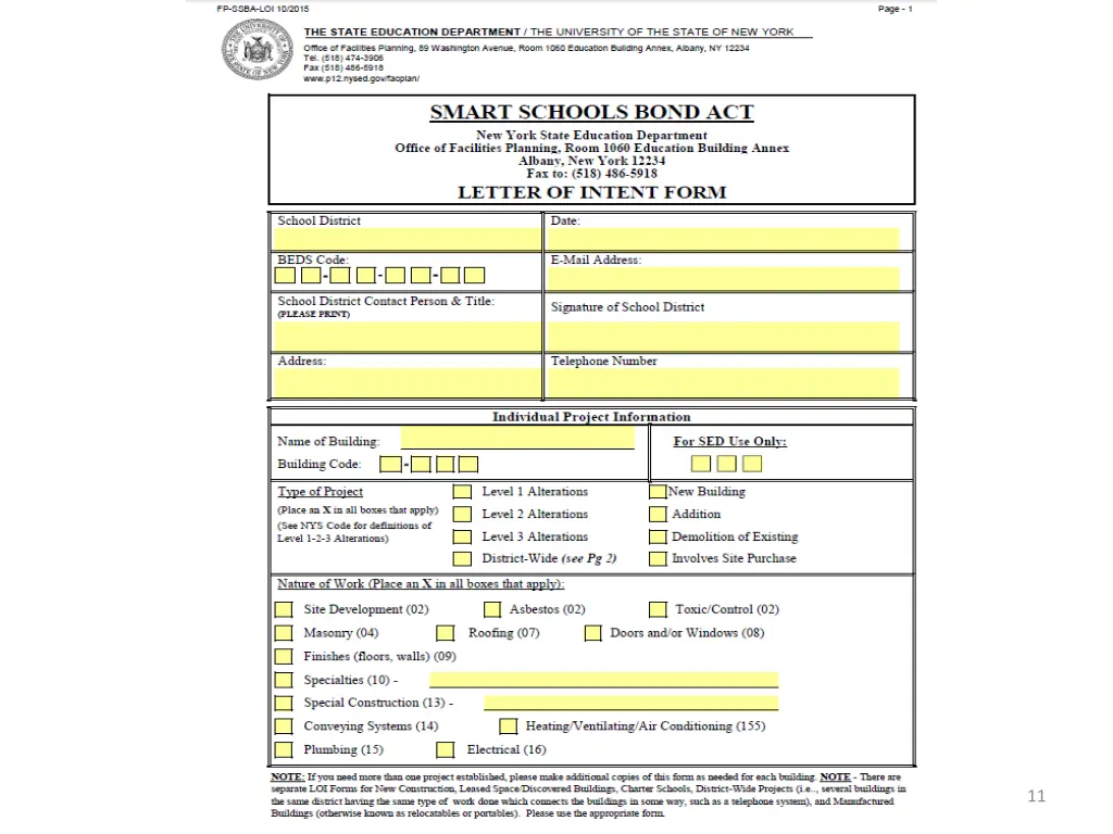 office of facilities planning letter of intent