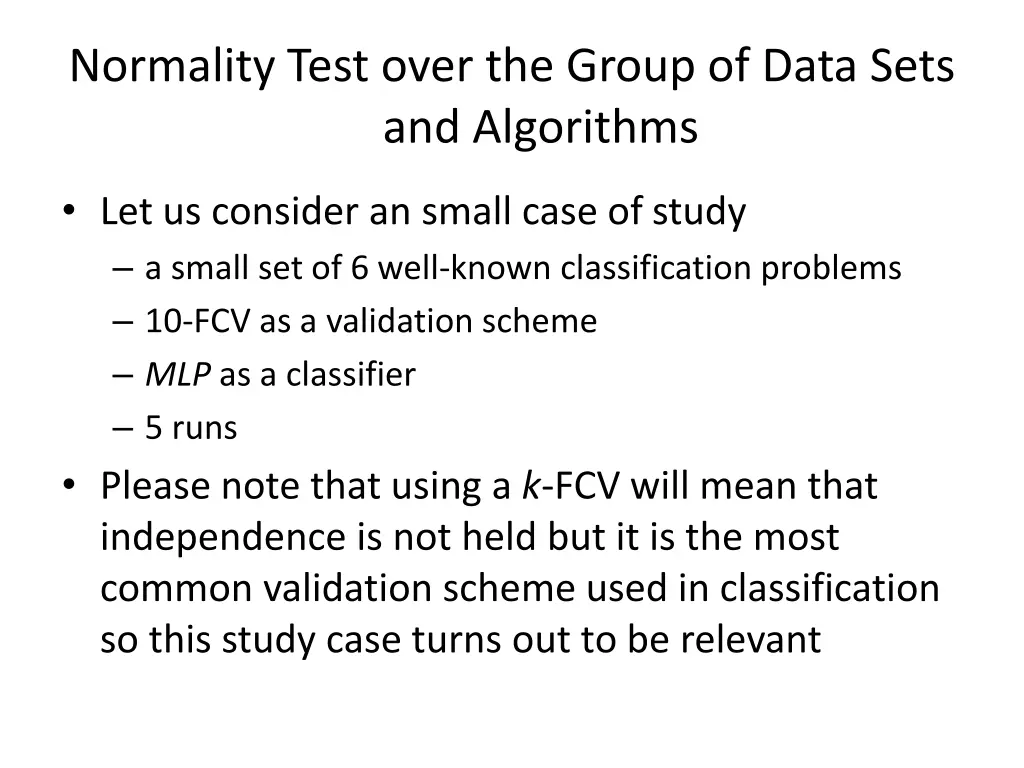 normality test over the group of data sets