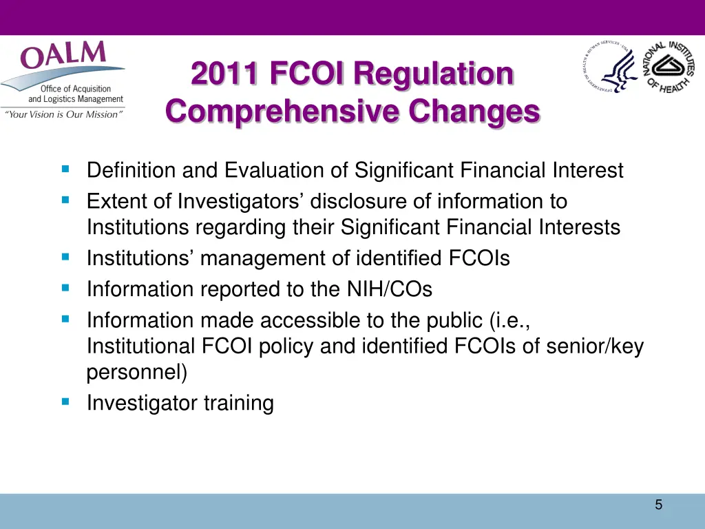 2011 fcoi regulation comprehensive changes
