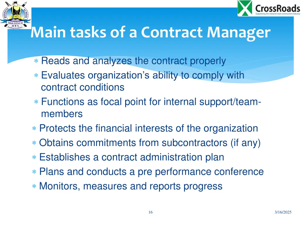 main tasks of a contract manager