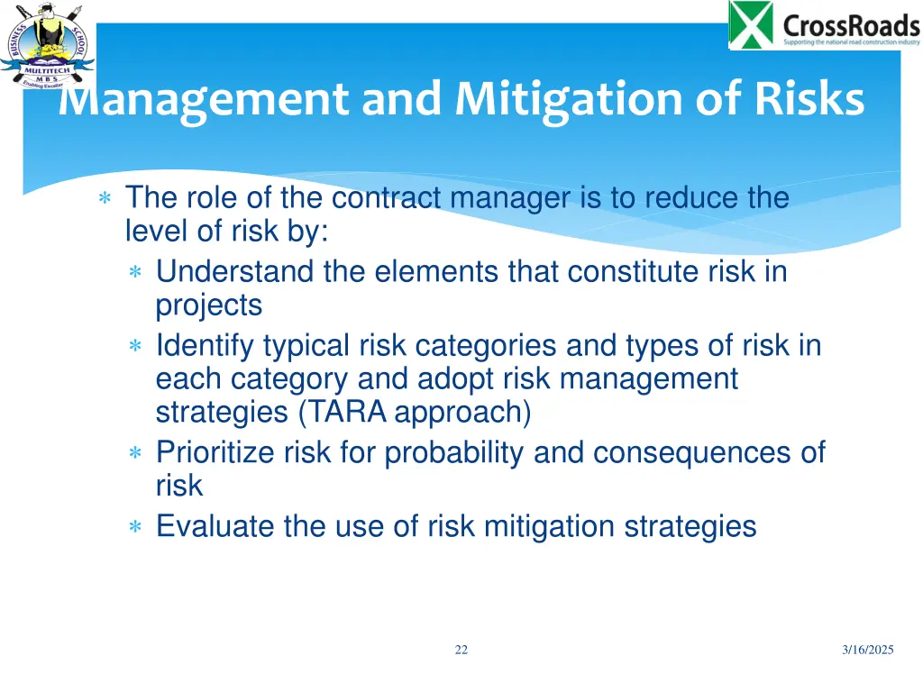 management and mitigation of risks