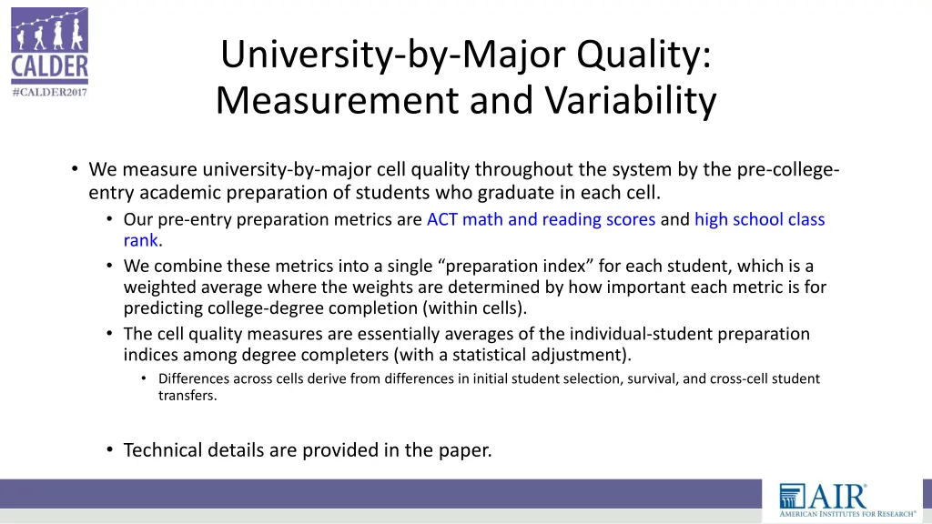 university by major quality measurement
