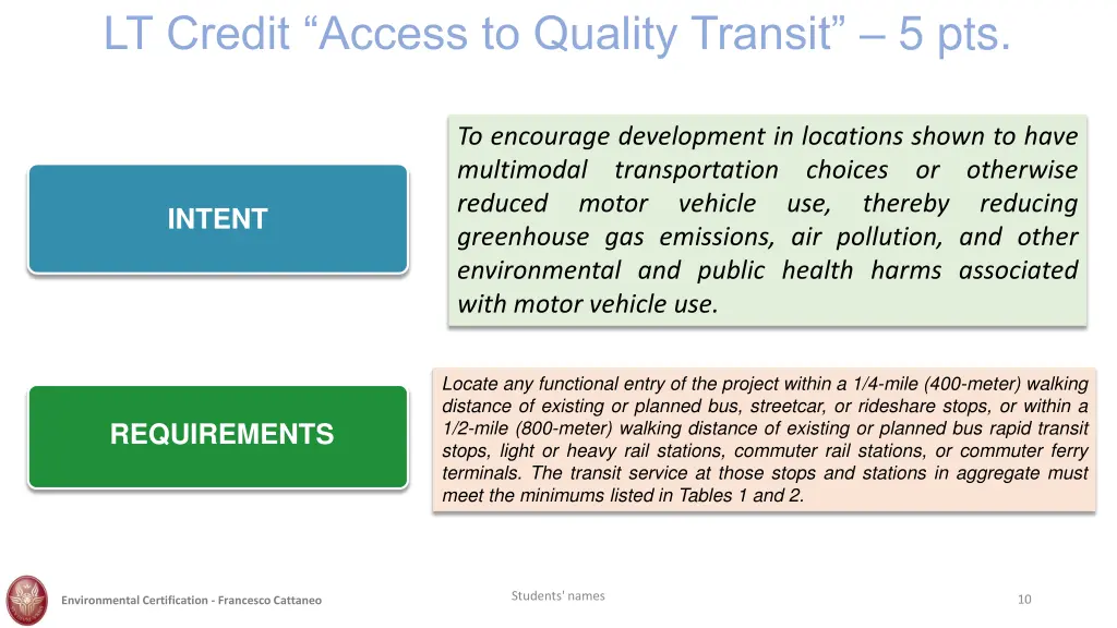 lt credit access to quality transit 5 pts
