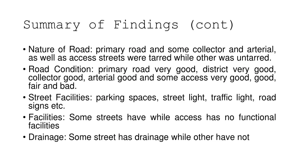 summary of findings cont 1
