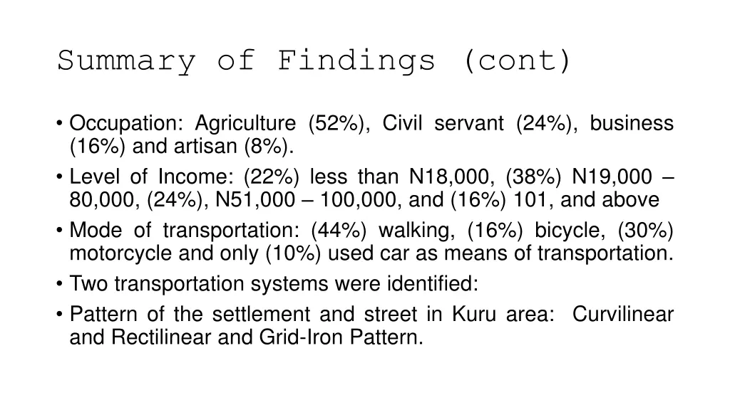 summary of findings cont
