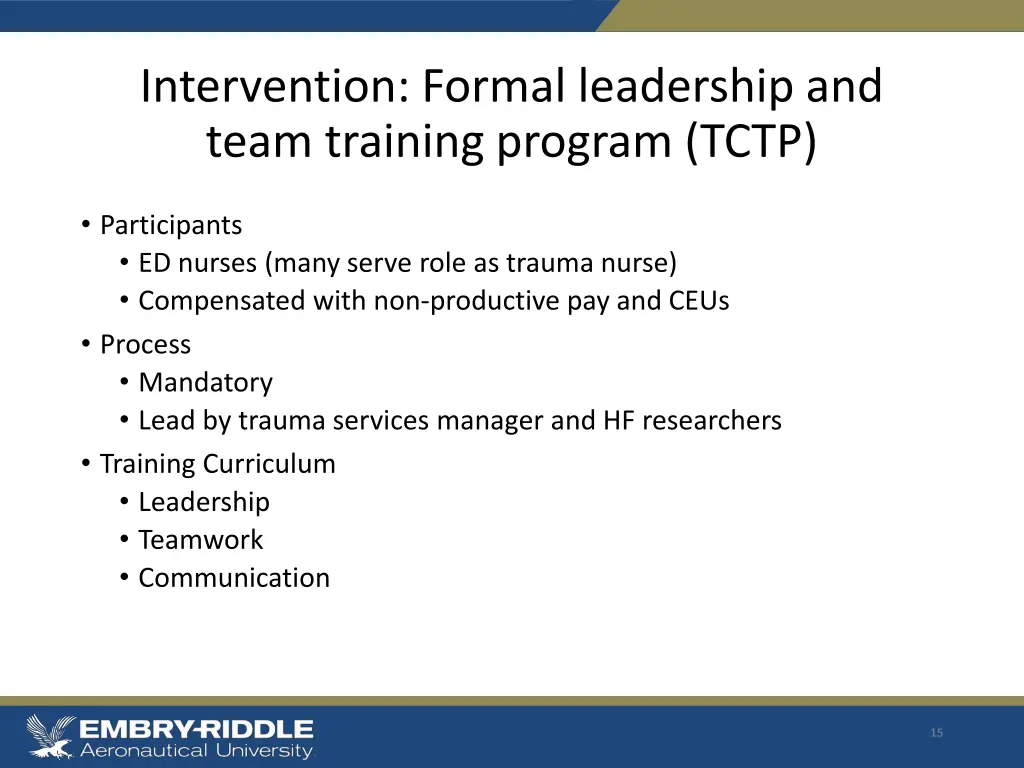 intervention formal leadership and team training