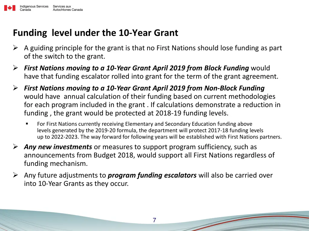 funding level under the 10 year grant