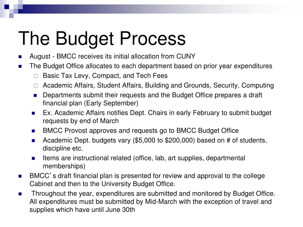the budget process august bmcc receives