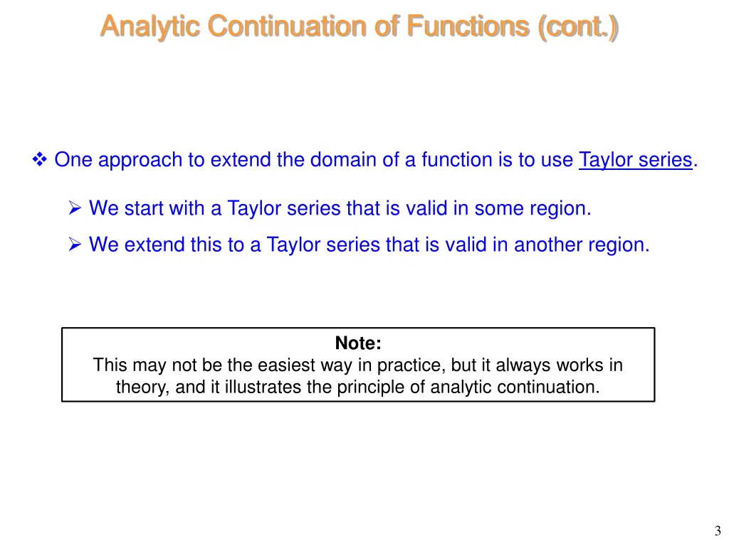analytic continuation of functions cont