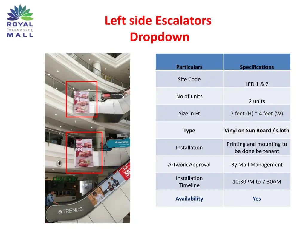 left side escalators dropdown